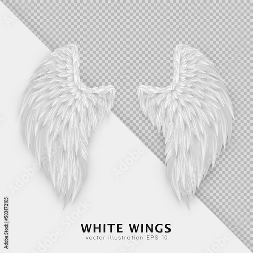 Three dimensional white angel wings. Masquerade, festival, carnival costume. Realistic bird wings isolated on transparent background. Freedom, spiritual concept. Vector illustrator EPS 10
