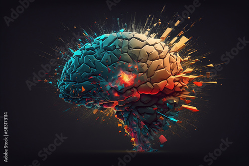 Creative exploding brain. Genius brain color splash creative concept. Colored creativity and intelligence abstract smart thinking illustration idea. Ai generated © dragomirescu