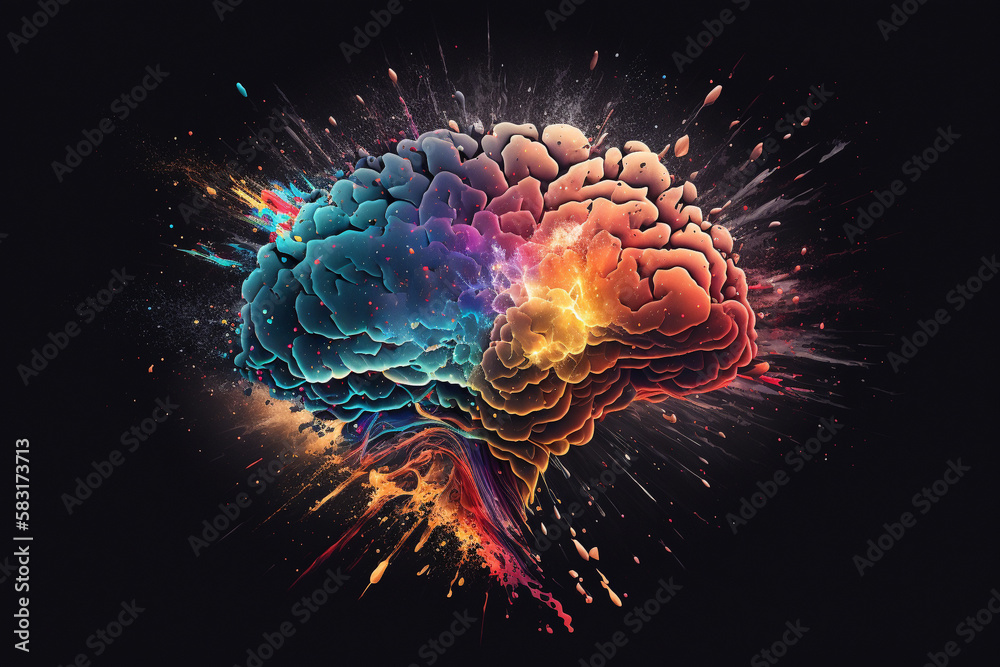 Creative exploding brain. Genius brain color splash creative concept. Colored creativity and intelligence abstract smart thinking illustration idea. Ai generated Creative exploding brain. Genius brain color splash creative concept. Colored creativity and intelligence abstract smart thinking illustration idea. Ai generated