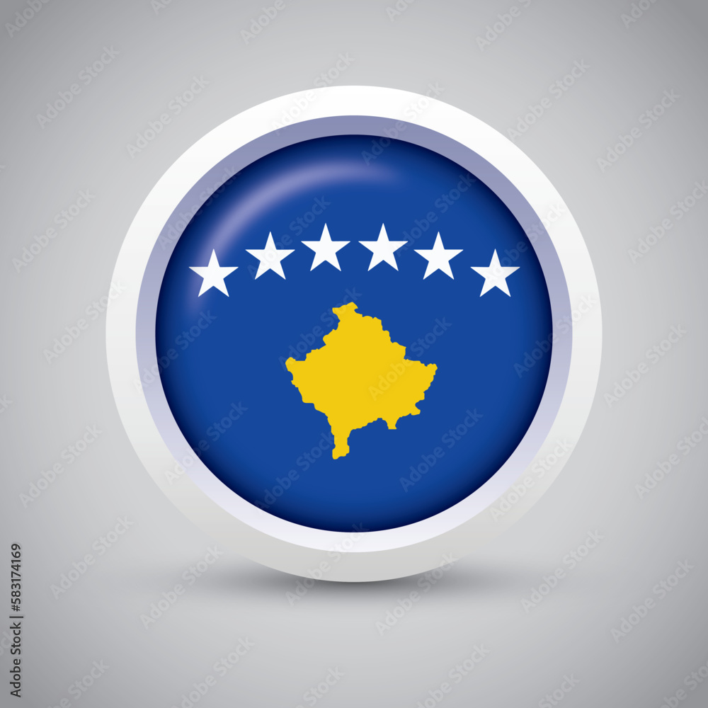 Kosovo Flag Glossy Button on Gray Background. Vector Round Flat Icon