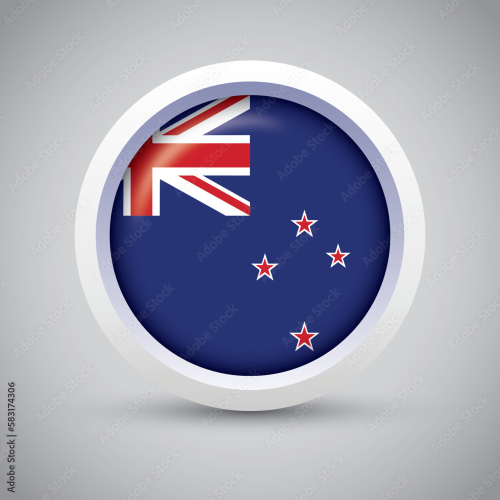 Obraz premium New Zealand Flag Glossy Button on Gray Background. Vector Round Flat Icon