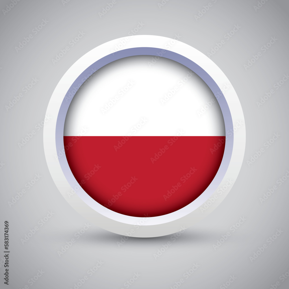 Poland Flag Glossy Button on Gray Background. Vector Round Flat Icon