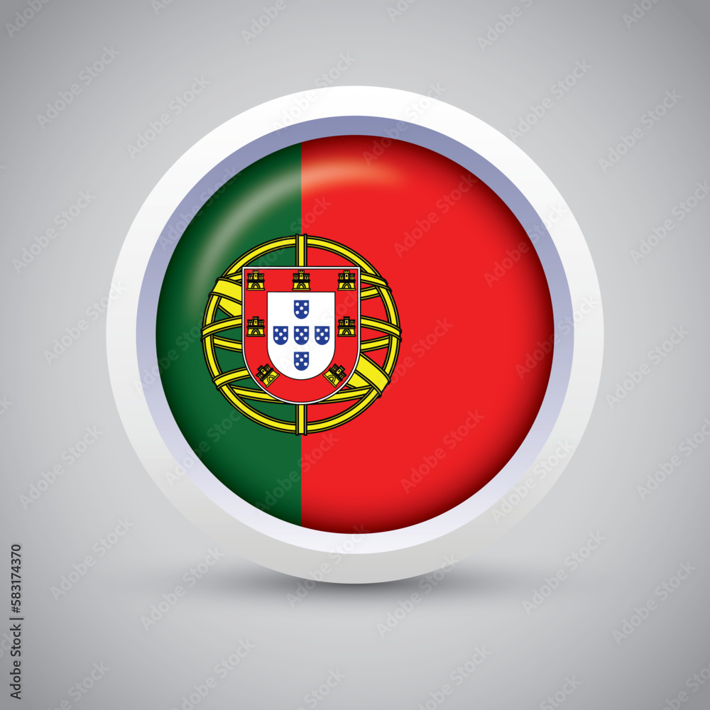 Portugal Flag Glossy Button on Gray Background. Vector Round Flat Icon