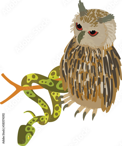 Animal world icon isometric vector. Eagle owl near tree python on branch icon. Biological diversity concept photo