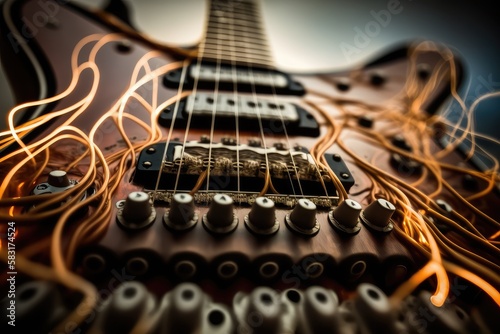 close-up of electric guitar strings, with hands moving to play and create melodies, created with generative ai photo