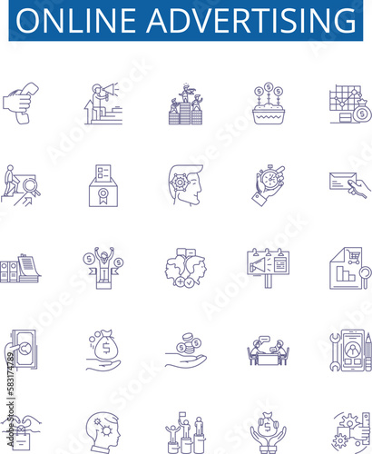 Online advertising line icons signs set. Design collection of Digital, Ads, Internet, Promotions, Marketing, Optimization, Placement, Branding outline concept vector illustrations