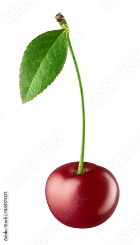 Fresh ripe red cherry with green leaves