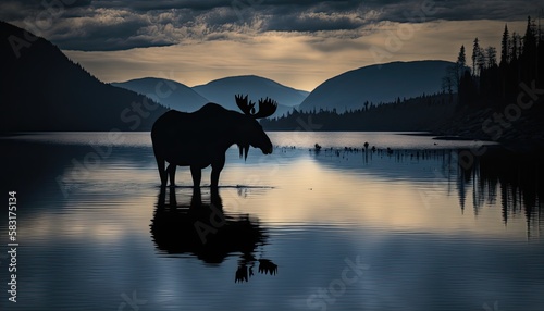 moose bull walking in the river at night, Generative Ai