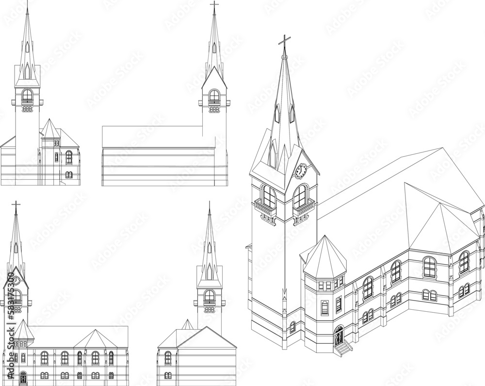 Vector sketch illustration of an ancient church in a village with a tower