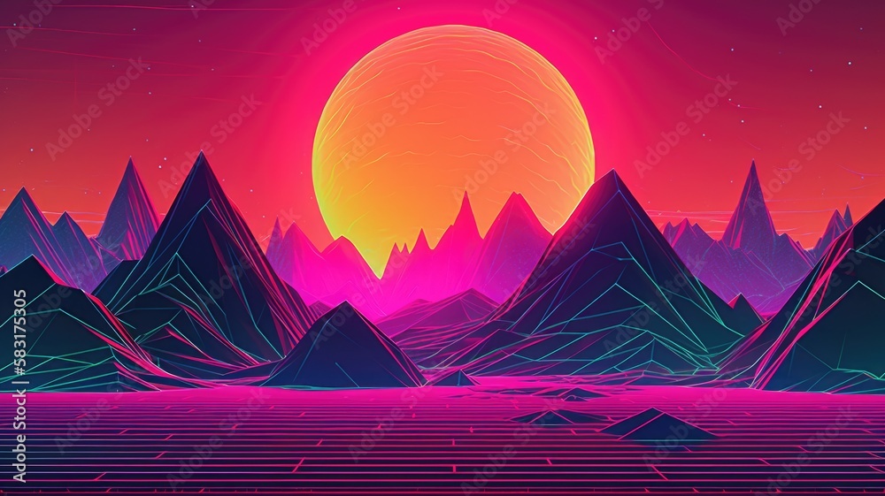Synthwave landscape with sunset and mountains. Retro 80th. Generative AI