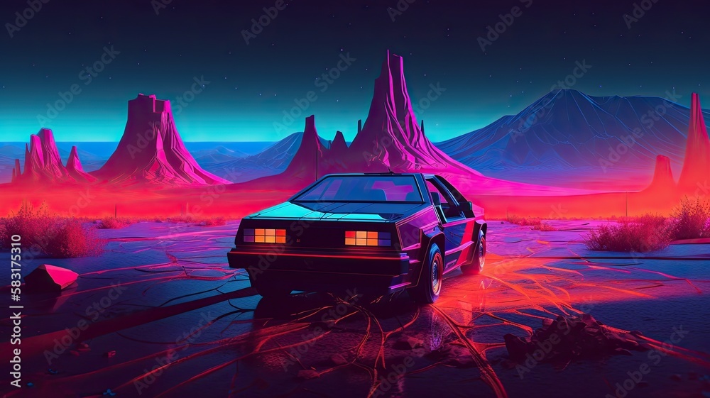 Synthwave car, neon color 80s. Generative AI