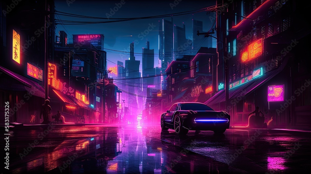 Synthwave city, neon color 80s. Generative AI