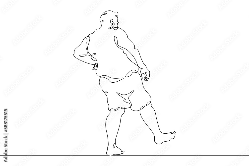 One continuous line. Fat man on holiday. An obese man. Obesity. Harmful lifestyle. Man on vacation. One continuous line drawn isolated, white background.