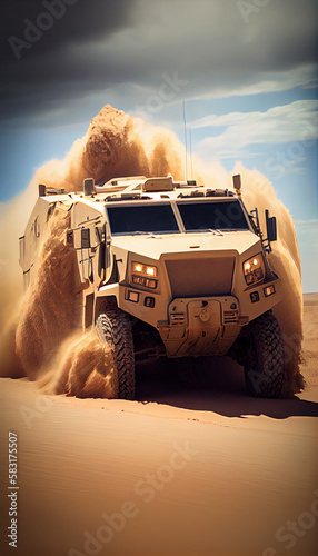 Army SUV offroading in sund desert © PaulShlykov