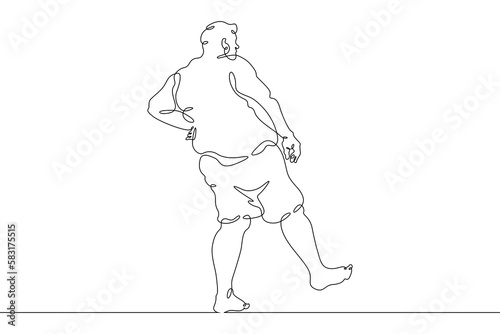 Fototapeta Naklejka Na Ścianę i Meble -  One continuous line. Fat man on holiday. An obese man. Obesity. Harmful lifestyle. Man on vacation. One continuous line drawn isolated, white background.
