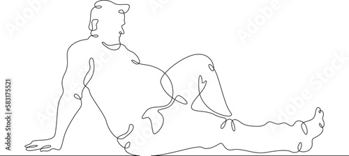 One continuous line. Fat man on holiday. An obese man. Obesity. Harmful lifestyle. Man on vacation. One continuous line drawn isolated, white background.