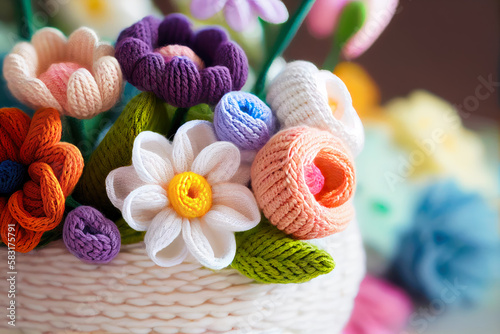 Crochet spring flowers. Gift for Mother's day, Easter, Woman's day, 8 March, birthday, anniversary, Valentines day, wedding, springtime card. Spring, summer knitting concept. Generative AI.