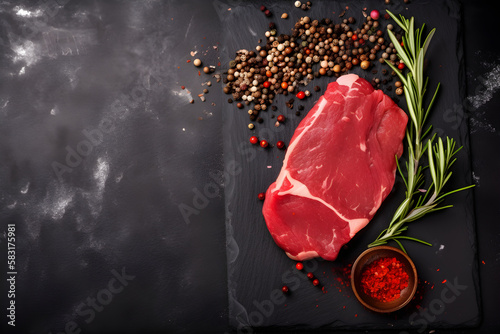 Raw meat, beef steak on black background.Generative AI