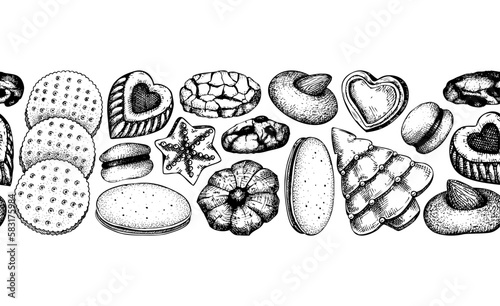 Bakery shop seamless pattern. Cookies background. Black cookies with almond, chocolate, jam, crackers, chips hand drawn illustrations. Popular pastry ribbon for print, banner, packaging design