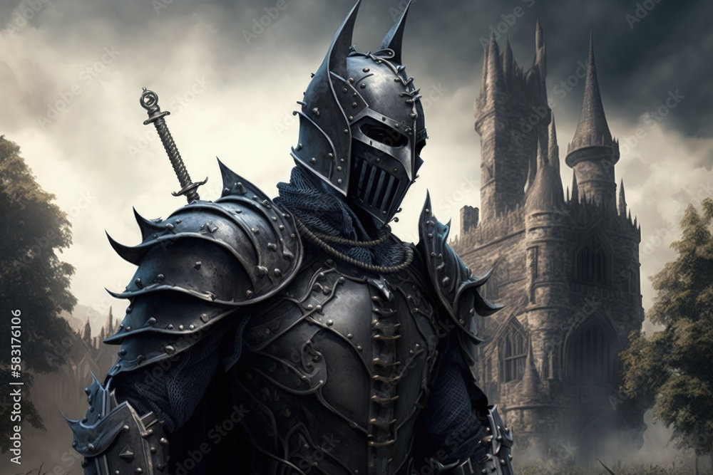 Illustration of black knight in armor with spikes, gloomy castle in the background. Generative AI