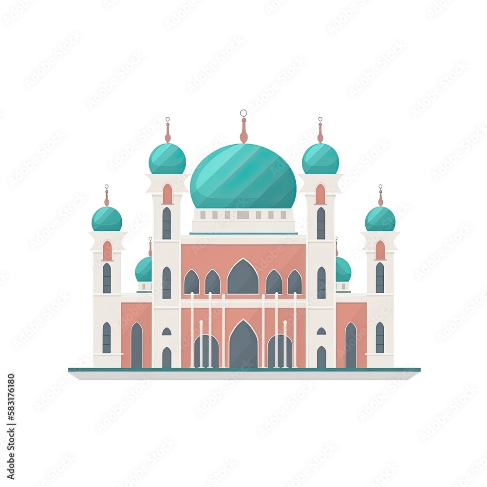 illustration of flat style isolated Muslim mosque on white background. Beautiful illustration of Muslim temple icon. Eid Mubarak greetings. Ramadan Kareem. Generative AI