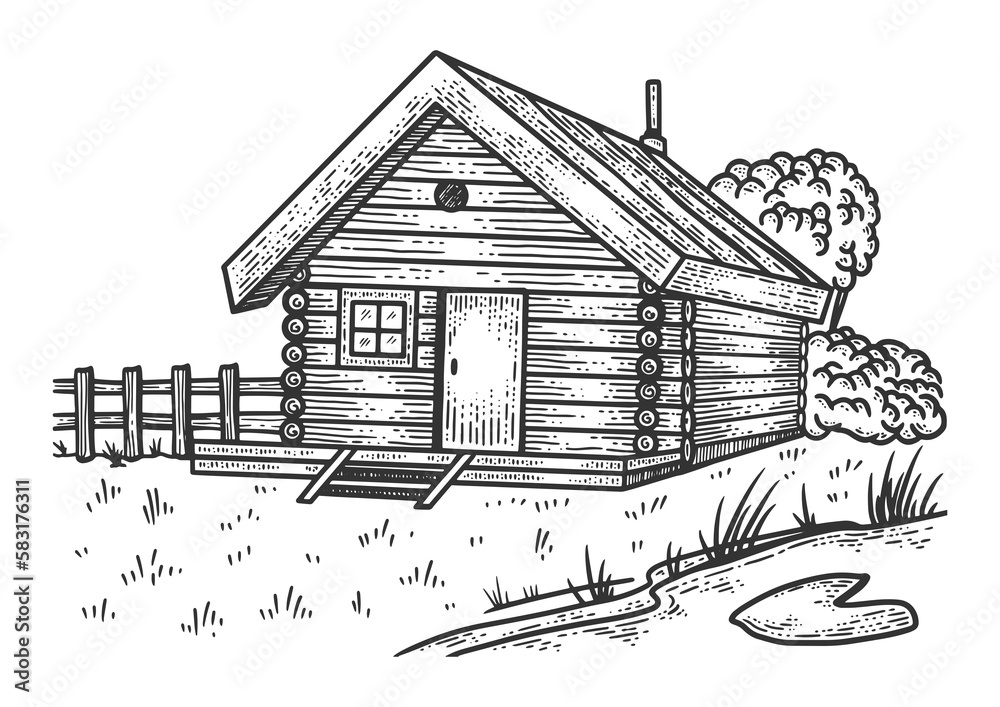 Wooden farm house sketch PNG illustration with transparent background