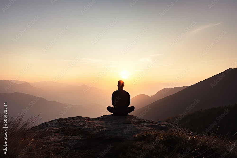 Rear view of man practicing meditation or yoga pose on the mountain at sunset time. Generative ai.