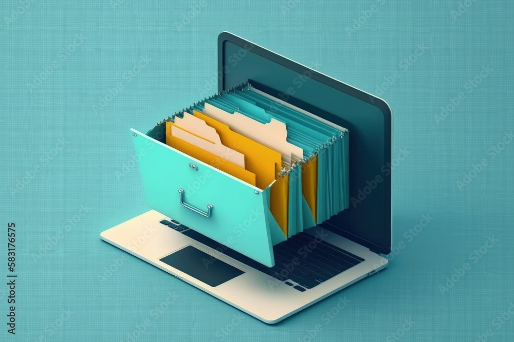 Laptop illustration with file drawer, data stores concept, blue background. Generative AI Laptop illustration with file drawer, data stores concept, blue background. Generative AI