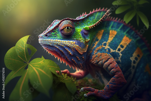Multicolored colorful chameleon in nature  rare lizard sitting on branch in jungle. Illustration created by generative ai
