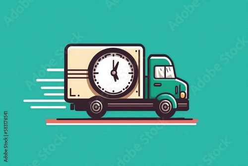 Delivery truck illustration with stopwatch, background, flat style. Generative AI