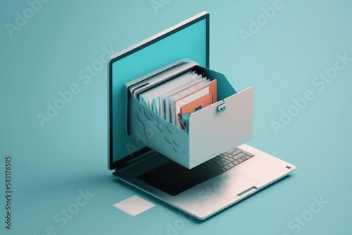Laptop illustration with file drawer, data stores concept, blue background. Generative AI photo