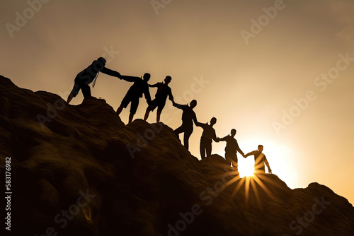 Group of hikers helping each other climb up the mountain. 