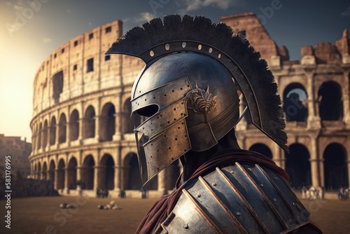 Landscape with gladiator helmet and coliseum in the background. Generative AI photo
