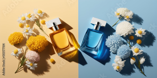 Bold trendy sunny summer transparent glass perfume bottles, stylish parfumerie banner. Generative AI.