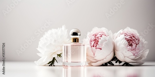 Tender stylish perfume composition, bottles of perfume and flowers, pinkish illustration. Generative Ai photo