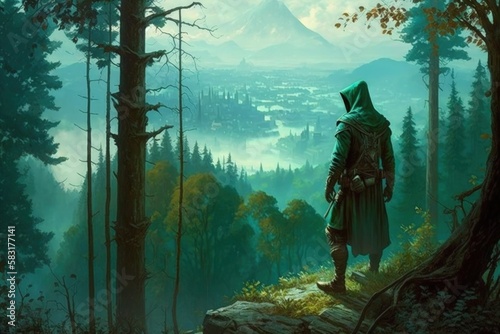 Hooded archer illustration, forest with green fog, fantasy concept. Generative AI
