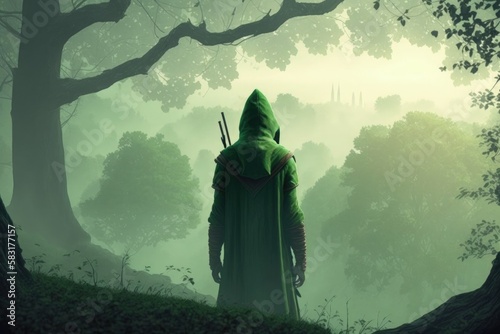 Hooded archer illustration, forest with green fog, fantasy concept. Generative AI