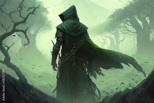 Hooded archer illustration, forest with green fog, fantasy concept. Generative AI