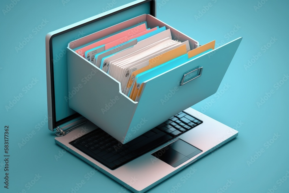Laptop illustration with file drawer, data stores concept, blue background. Generative AI Laptop illustration with file drawer, data stores concept, blue background. Generative AI
