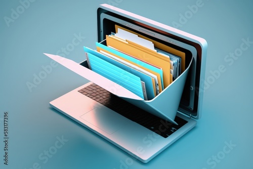 Laptop illustration with file drawer, data stores concept, blue background. Generative AI photo