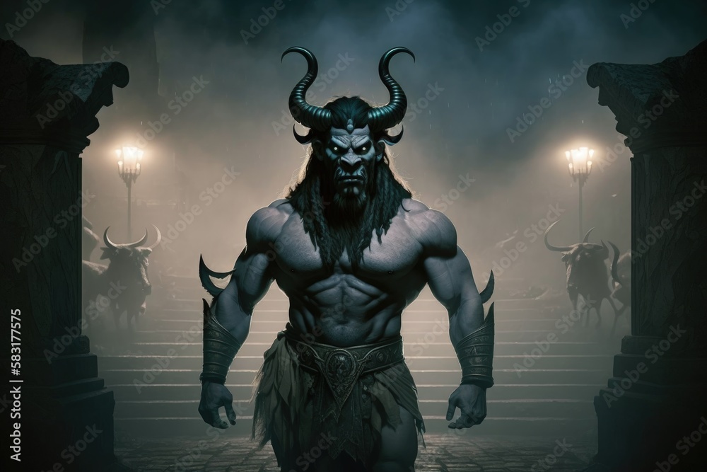 Minotaur illustration, Greek city in the background, mythology concept. Generative AI Minotaur illustration, Greek city in the background, mythology concept. Generative AI