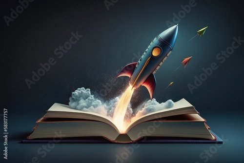 Illustration of rocket taking off from a book, startup and creativity concept, blue background. Generative AI