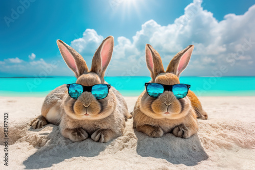 Easter bunnies with trendy sunglasses on a sand beach. Travel holidays vacation. Generative AI © LiliGraphie