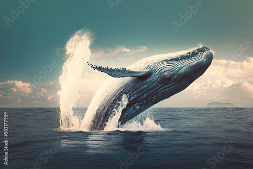 Humpback whale jumping out of the waterk, generative ai.  © Moon Story