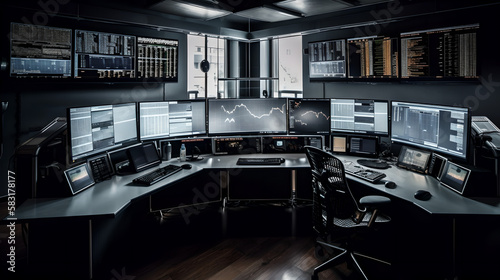 A Dealing room with a lot of monitors