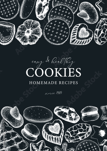 Vector background with cookies on chalkboard. Bakery shop brochure or card vintage design  in sketch style. . Cookies with almond, chocolate, icing, jam, crackers, chips hand drawn illustrations.