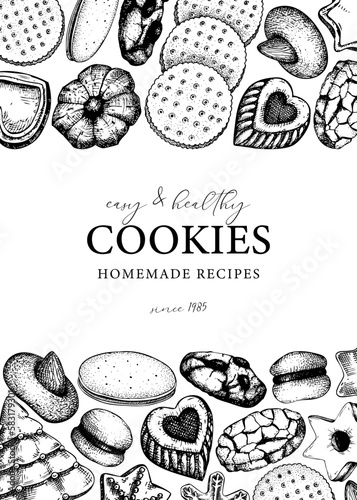 Vector background with cookies isolated on white. Bakery shop brochure or card vintage design  in sketch style. . Cookies with almond, chocolate, icing, jam, crackers, chips hand drawn illustrations.