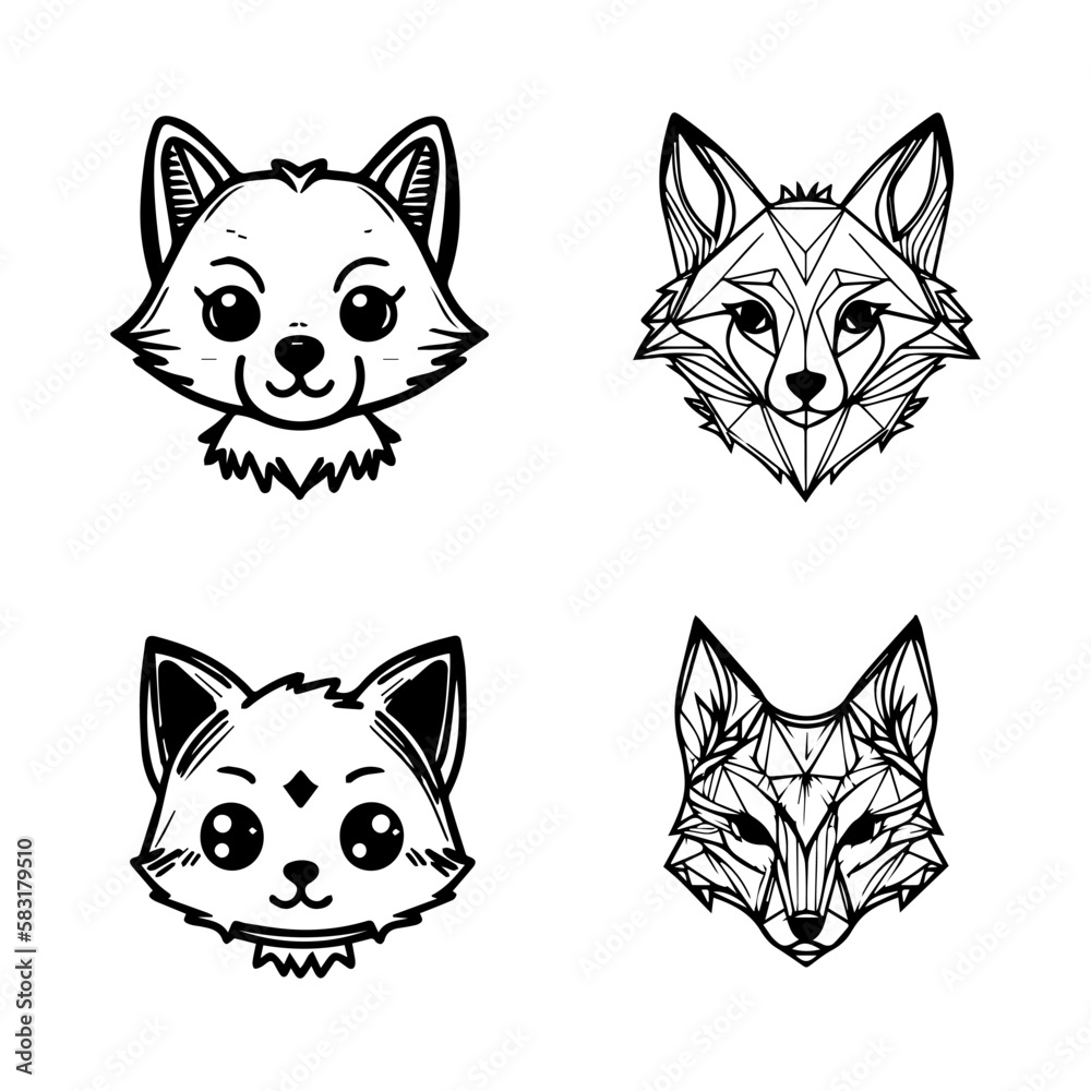 Adorable kawaii wolf collection set with detailed Hand drawn line art illustrations, perfect for any animal lover and wolf enthusiasts