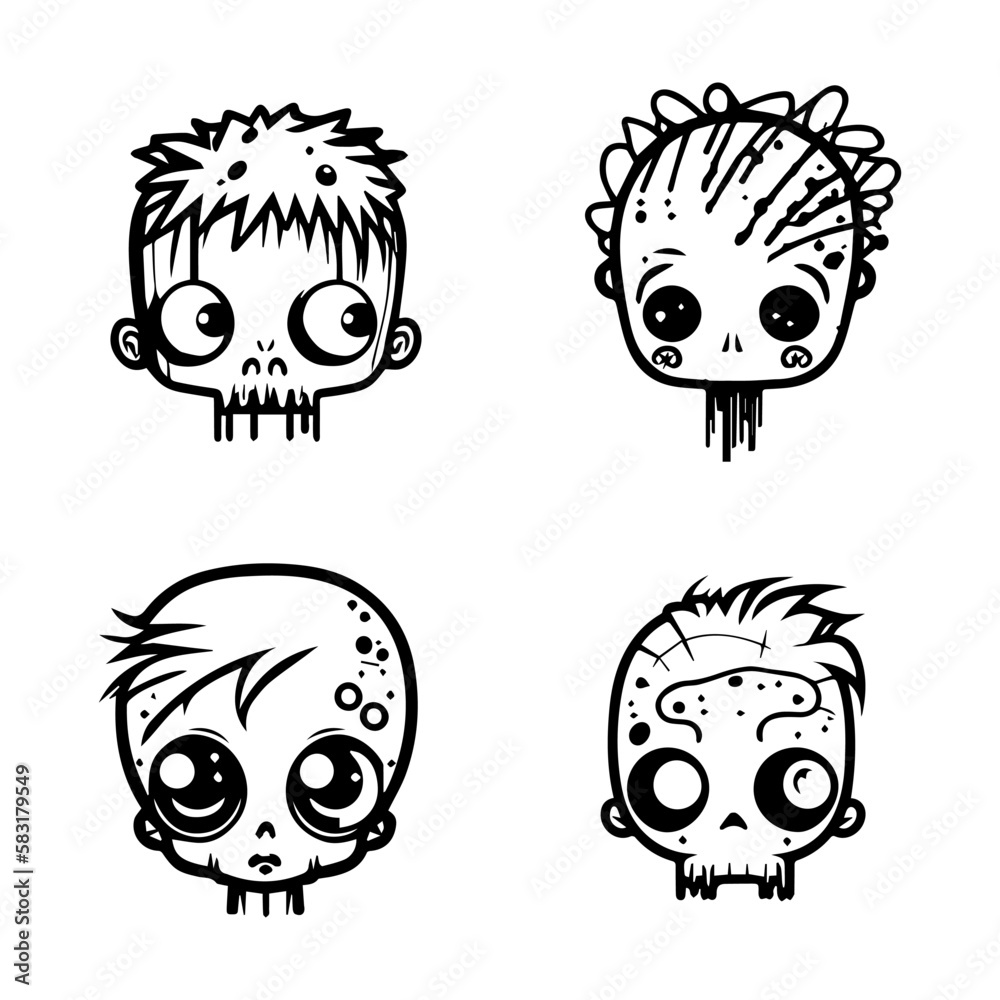 Playful and quirky Hand drawn kawaii zombie head collection set, featuring cute and charming line art illustrations of undead cuteness