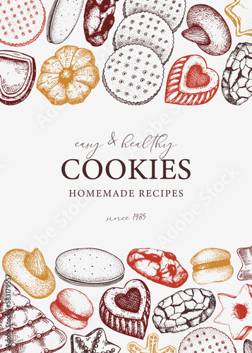 Vector cookies background in sketch style. Bakery shop brochure or card vintage design. Cookies with almond, chocolate, icing, jam, crackers, chips hand drawn illustrations. Pastries banner template